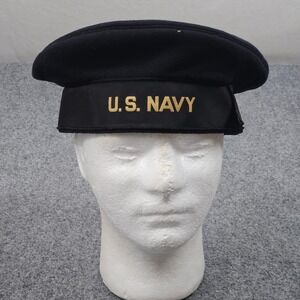 Vintage 70s US Navy Sailor Flat Hat 7 1/4 Blue Wool Tally Band Military Cap